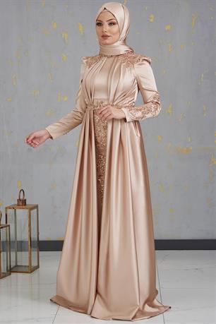Karaca Önü Drapeli Aplikli Tesettür Abiye Gold