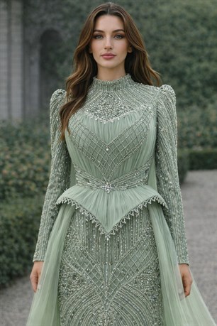 Kristal Taş İşlemeli Korse Detaylı Neva Tesettür Abiye Mint