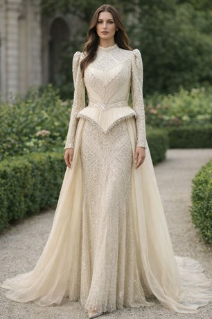 Kristal Taş İşlemeli Korse Detaylı Neva Tesettür Abiye Bej