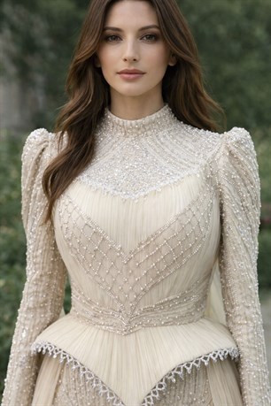 Kristal Taş İşlemeli Korse Detaylı Neva Tesettür Abiye Bej