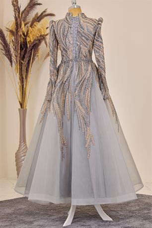 Kübra Tesettür Abiye Gri