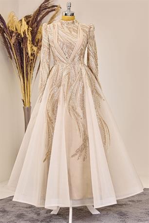 Kübra Tesettür Abiye Krem