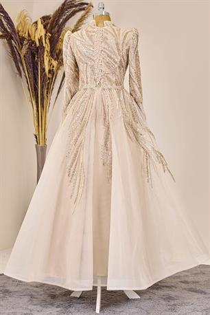 Kübra Tesettür Abiye Krem