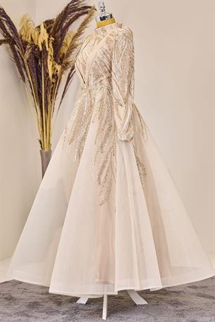 Kübra Tesettür Abiye Krem