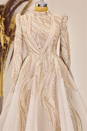 Kübra Tesettür Abiye Krem