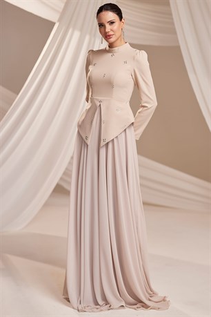 Lora Tesettür Abiye Bej