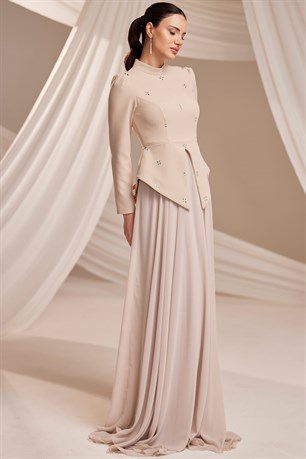 Lora Tesettür Abiye Bej