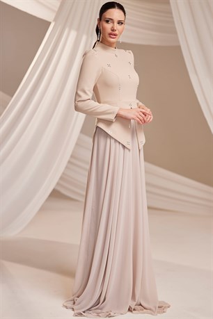 Lora Tesettür Abiye Bej