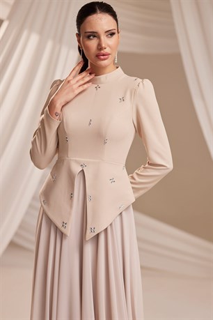 Lora Tesettür Abiye Bej