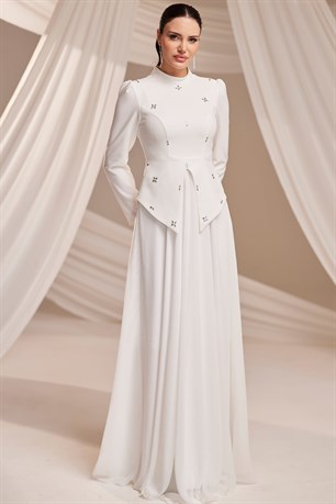 Lora Tesettür Abiye Beyaz