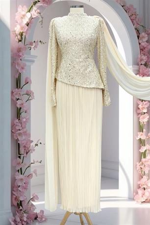 Masal Tesettür Abiye Ekru