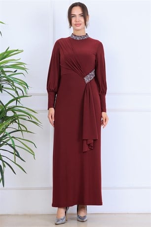 Melisa Sarkaçlı Tesettür Abiye Bordo
