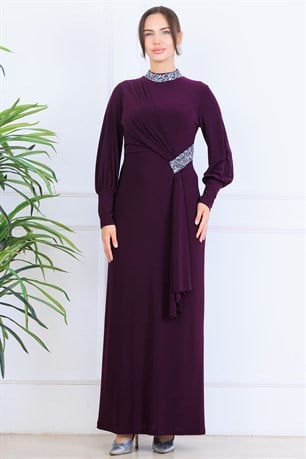 Melisa Sarkaçlı Tesettür Abiye Mürdüm