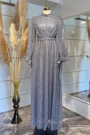 Merve Tesettür Abiye Gri