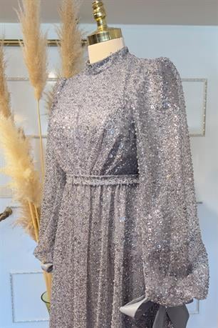 Merve Tesettür Abiye Gri