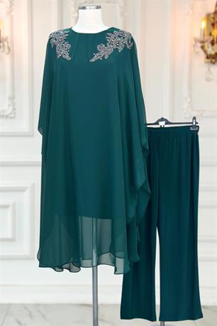 Mesture Tunik Pantolon İkili Tesettür Takım Zümrüt
