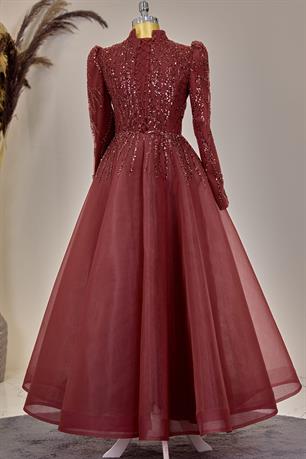 Mila Tesettür Abiye Bordo