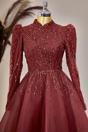 Mila Tesettür Abiye Bordo