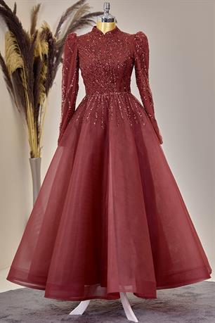 Mila Tesettür Abiye Bordo