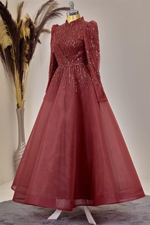 Mila Tesettür Abiye Bordo