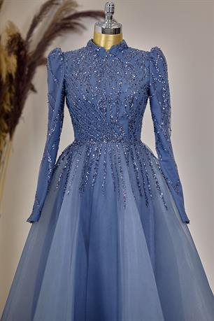 Mila Tesettür Abiye İndigo