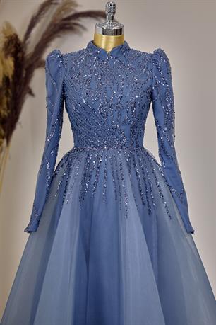 Mila Tesettür Abiye İndigo