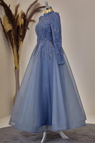 Mila Tesettür Abiye İndigo