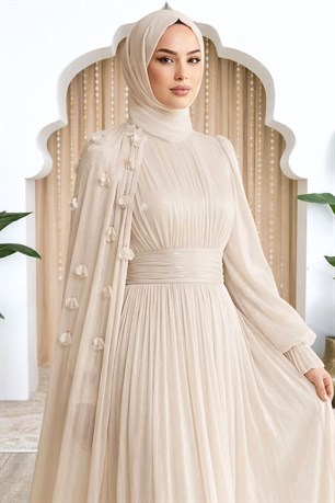 Mina Tesettür Abiye Krem