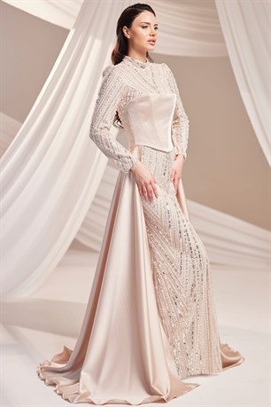 Mira Tesettür Abiye Bej