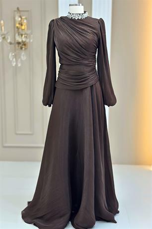 Nergis Tesettür Abiye Koyu Kahve