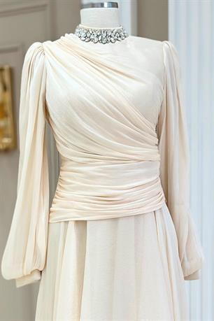 Nergis Tesettür Abiye Krem