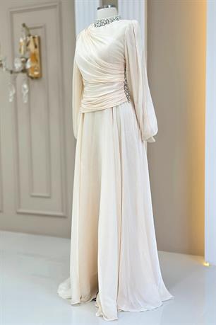 Nergis Tesettür Abiye Krem