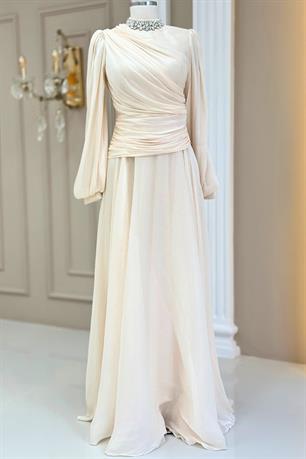 Nergis Tesettür Abiye Krem