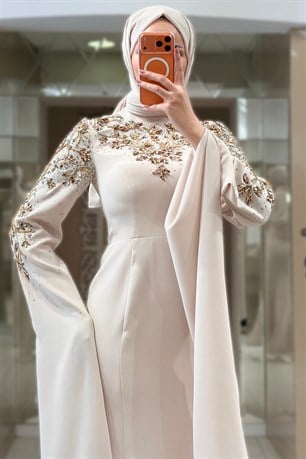 Nihan Tesettür Abiye Bej