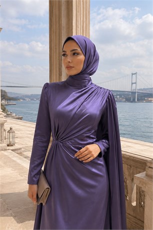 Nur Saten Tesettür Abiye Lila