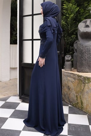 Omuz Detaylı Taş İşlemeli Ebru Tesettür Abiye Lacivert