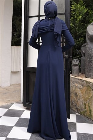 Omuz Detaylı Taş İşlemeli Ebru Tesettür Abiye Lacivert