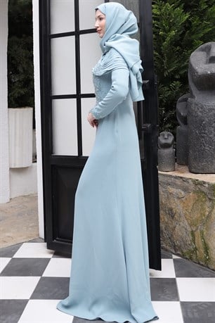 Omuz Detaylı Taş İşlemeli Ebru Tesettür Abiye Mint