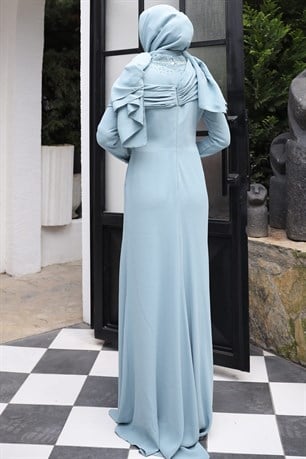 Omuz Detaylı Taş İşlemeli Ebru Tesettür Abiye Mint