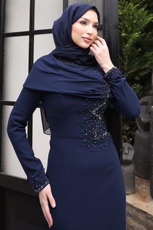 Omuz Detaylı Taş İşlemeli Ebru Tesettür Abiye Lacivert
