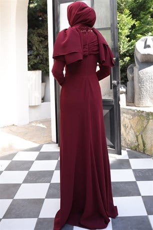 Omuz Detaylı Taş İşlemeli Ebru Tesettür Abiye Bordo