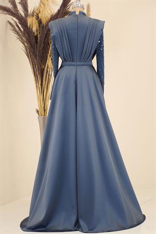 Önü Drapeli Kuyruklu Boncuk İşlemeli Miranda Tesettür Abiye Antrasit