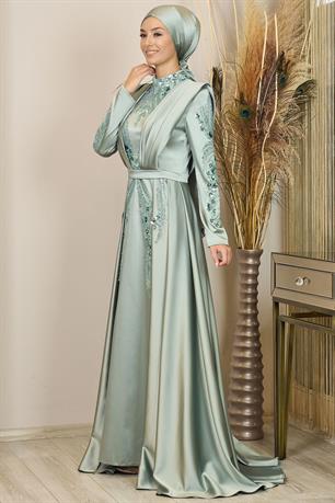 Önü Drapeli Kuyruklu Boncuk İşlemeli Miranda Tesettür Abiye Çağla Yeşili