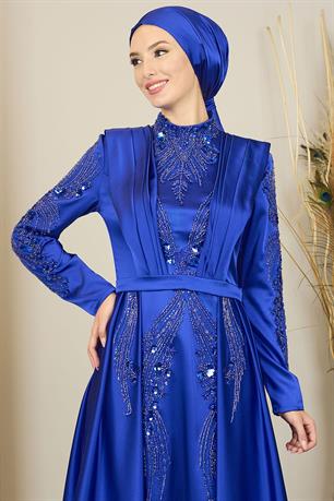 Önü Drapeli Kuyruklu Boncuk İşlemeli Miranda Tesettür Abiye Saks