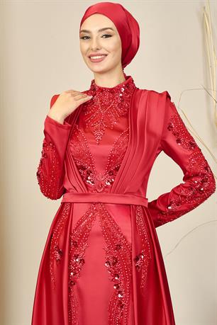 Önü Drapeli Kuyruklu Boncuk İşlemeli Miranda Tesettür Abiye Kırmızı