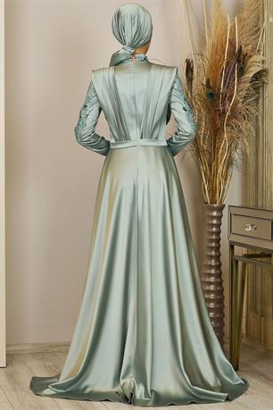 Önü Drapeli Kuyruklu Boncuk İşlemeli Miranda Tesettür Abiye Çağla Yeşili