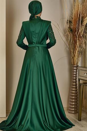 Önü Drapeli Kuyruklu Boncuk İşlemeli Miranda Tesettür Abiye Zümrüt