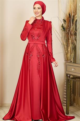 Önü Drapeli Kuyruklu Boncuk İşlemeli Miranda Tesettür Abiye Kırmızı