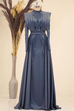 Önü Drapeli Kuyruklu Boncuk İşlemeli Miranda Tesettür Abiye Antrasit