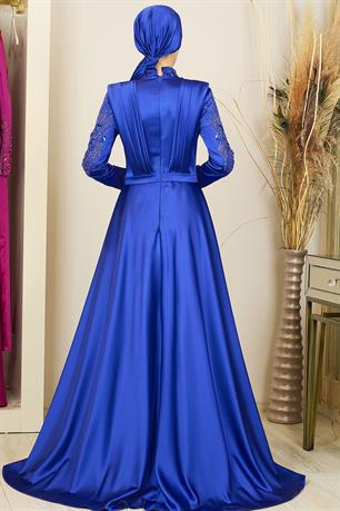 Önü Drapeli Kuyruklu Boncuk İşlemeli Miranda Tesettür Abiye Saks